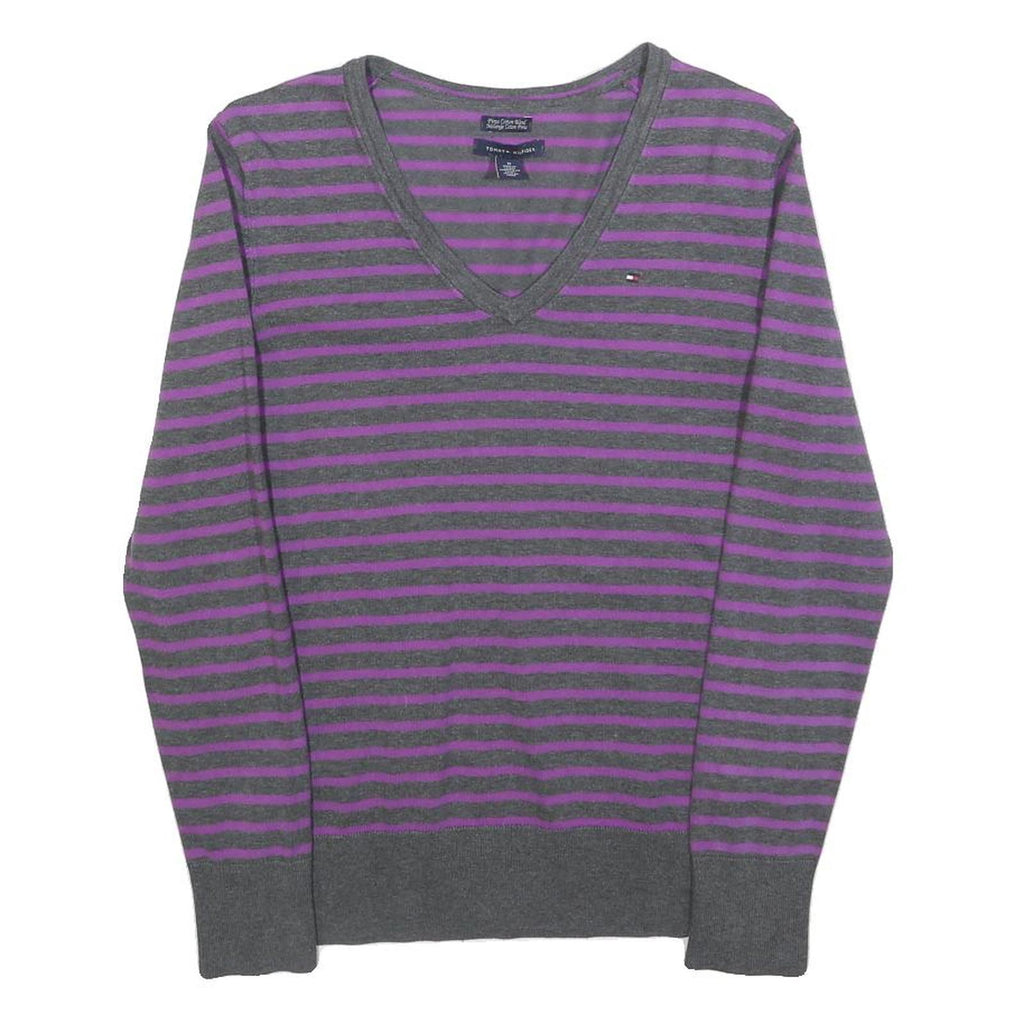 TOMMY HILFIGER Womens Grey & Purple Striped Patterned V-Neck Basic Knit Jumper M