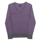 TOMMY HILFIGER Womens Grey & Purple Striped Patterned V-Neck Basic Knit Jumper M