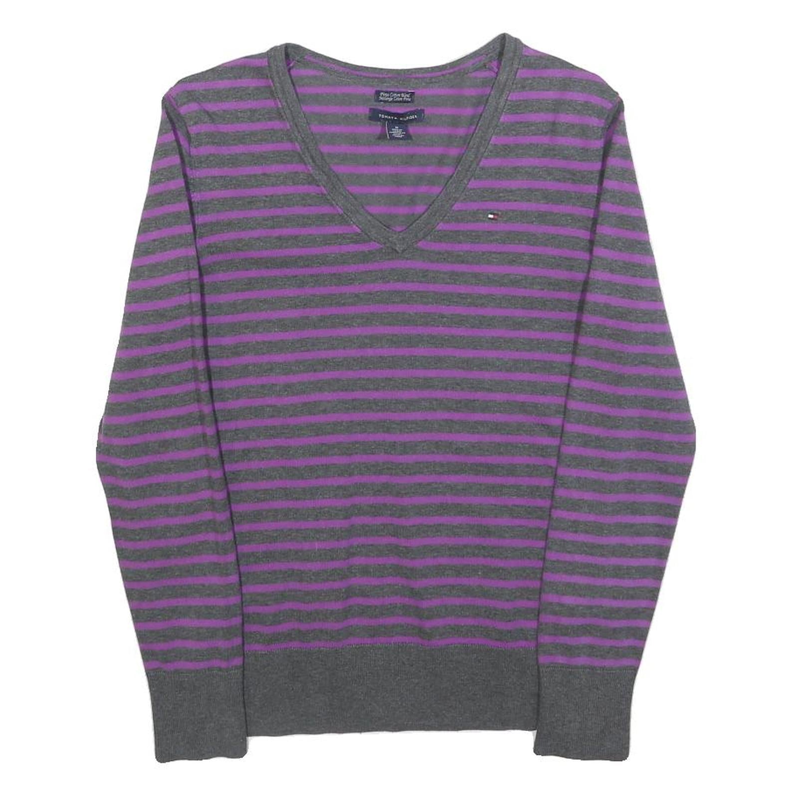 TOMMY HILFIGER Womens Grey & Purple Striped Patterned V-Neck Basic Knit Jumper M