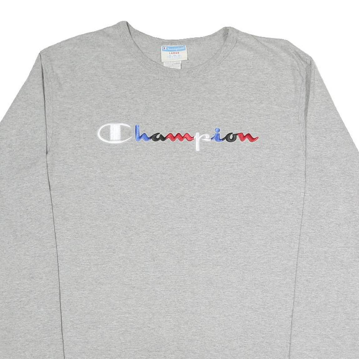 CHAMPION Mens Grey Long Sleeve Crew Neck Logo Cotton Blend T-Shirt L