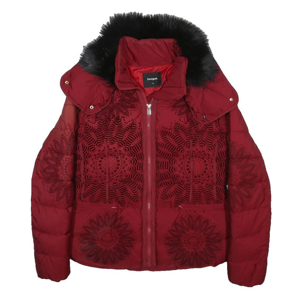 DESIGUAL Womens Red & Black Floral Outdoor Jacket L Polyester Woven Tailored Zip