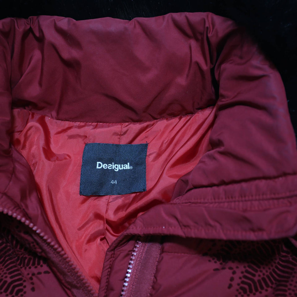 DESIGUAL Womens Red & Black Floral Outdoor Jacket L Polyester Woven Tailored Zip