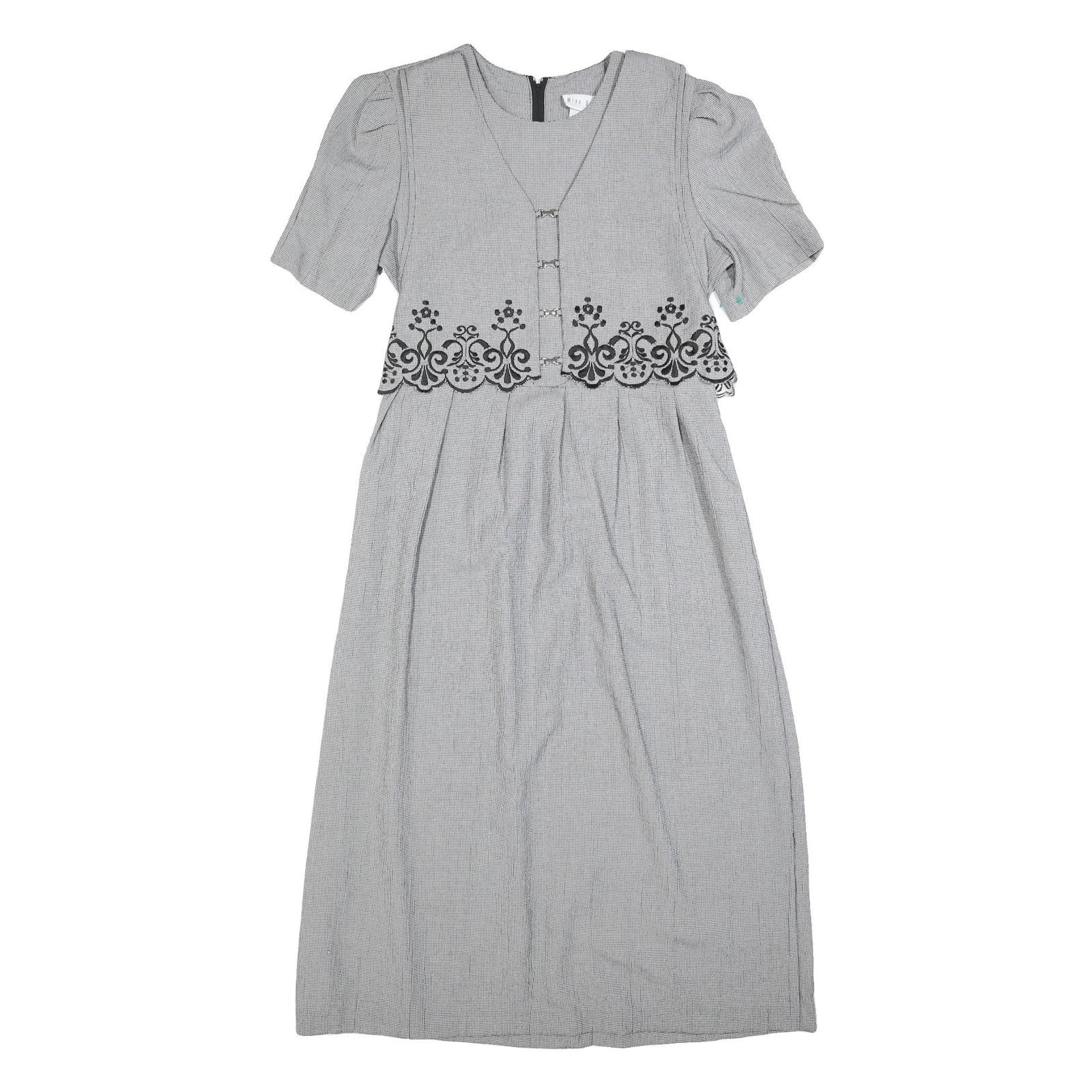 MISS DORBY Womens Grey & Black Embroidered Midi Dress Polyester Puff Sleeve L