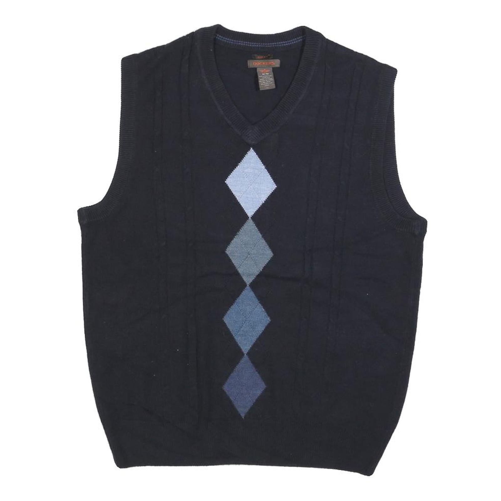 DOCKERS Mens Navy Blue Argyle Pattern V-Neck Basic Knit M Jumper Vest Acrylic