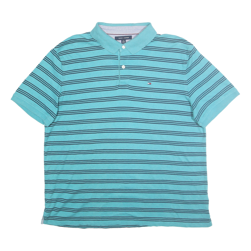 TOMMY HILFIGER Mens Blue Striped Polo Shirt XL Cotton Classic Fit Casual