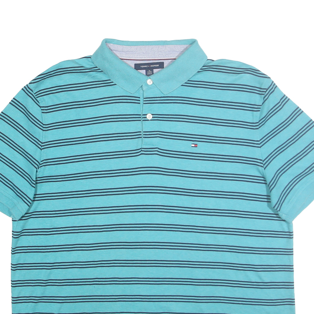 TOMMY HILFIGER Mens Blue Striped Polo Shirt XL Cotton Classic Fit Casual