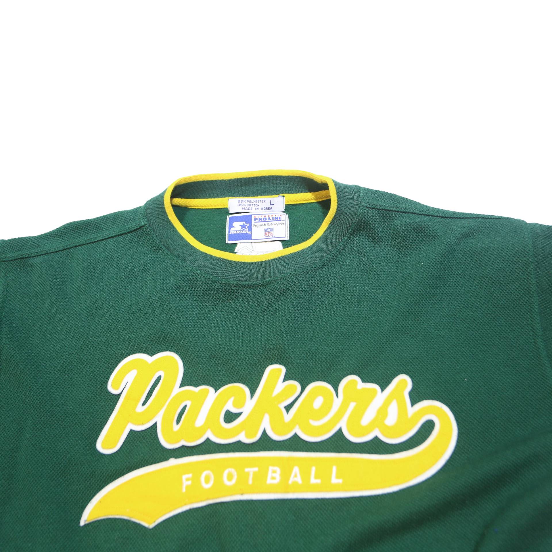 STARTER Mens Green & Yellow Packers Football Crew Neck L Cotton Blend Pullover