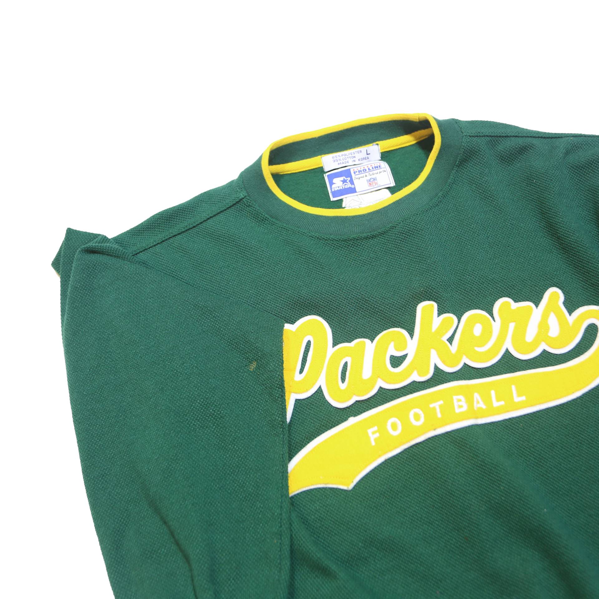 STARTER Mens Green & Yellow Packers Football Crew Neck L Cotton Blend Pullover
