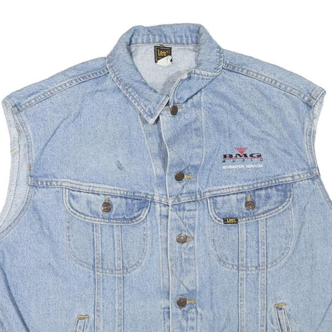 LEE Mens Blue Denim Sleeveless Button Jacket XL Cotton Blend BMG Music Logo