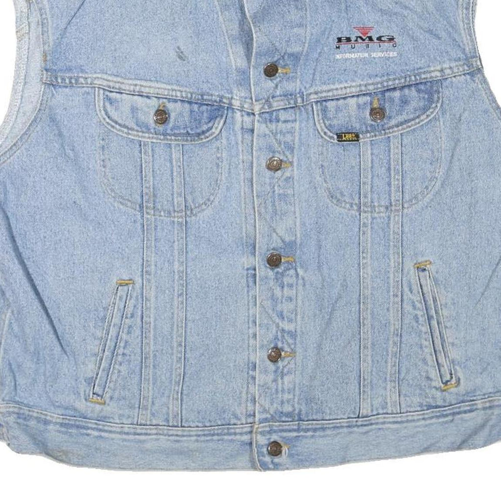 LEE Mens Blue Denim Sleeveless Button Jacket XL Cotton Blend BMG Music Logo