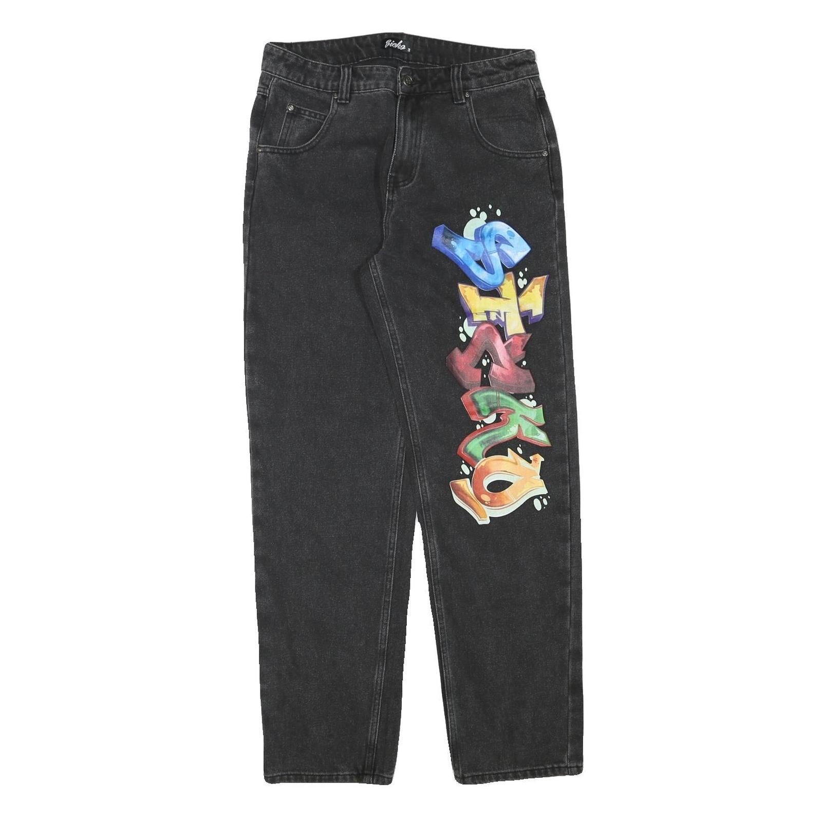 SICKO Womens Relaxed Black Denim Jeans W30 L31 Graffiti Print Cotton Blend Zip