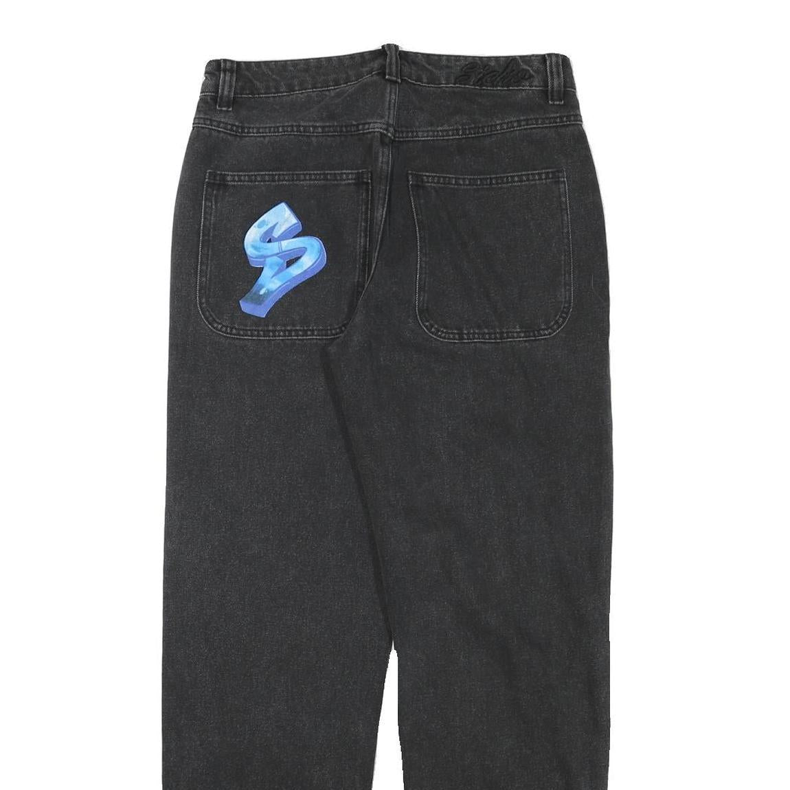 SICKO Womens Relaxed Black Denim Jeans W30 L31 Graffiti Print Cotton Blend Zip