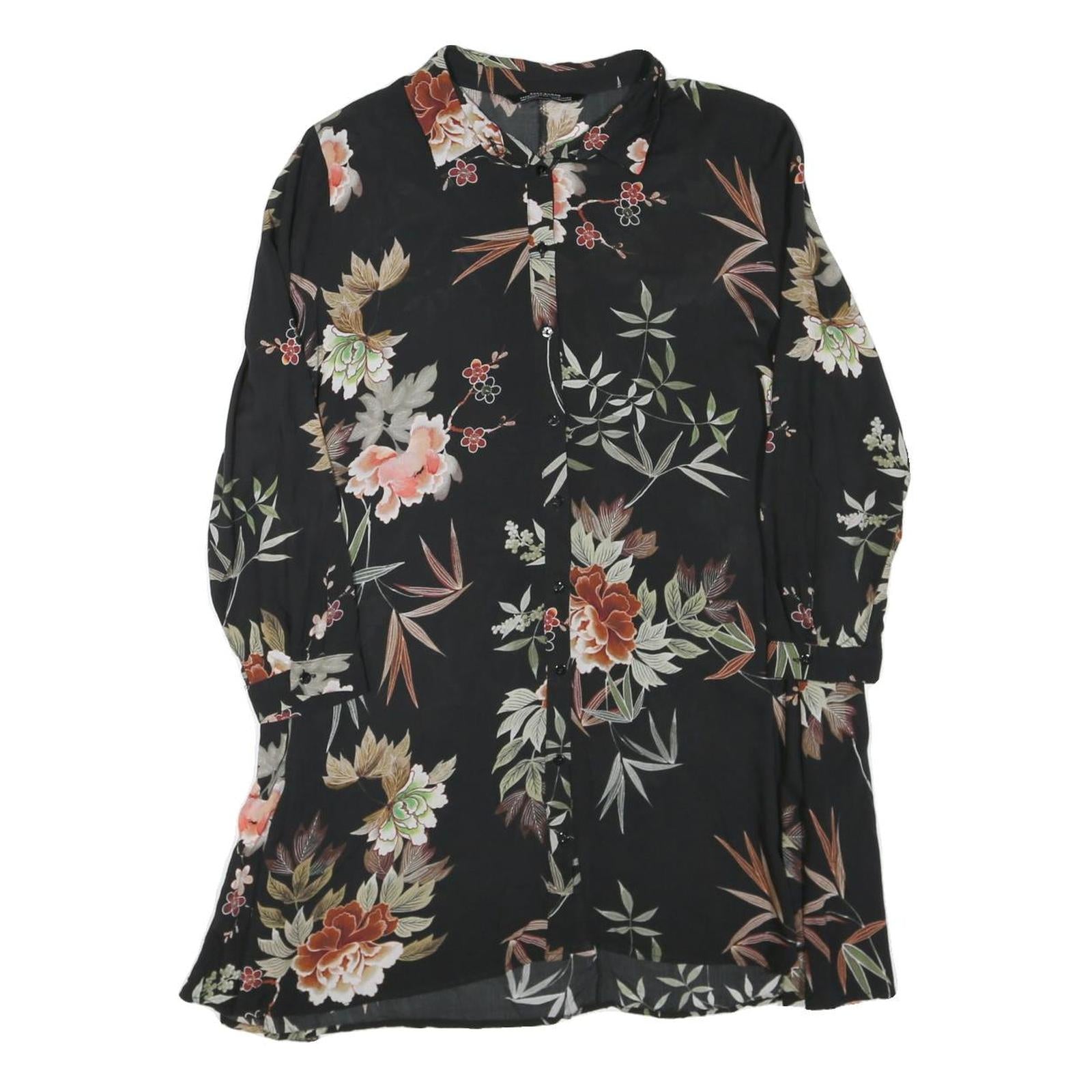 ZARA Womens Black Floral Shirt Long Sleeve Collared M Cotton Blend Lightweight