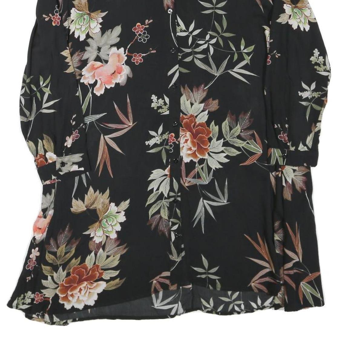 ZARA Womens Black Floral Shirt Long Sleeve Collared M Cotton Blend Lightweight