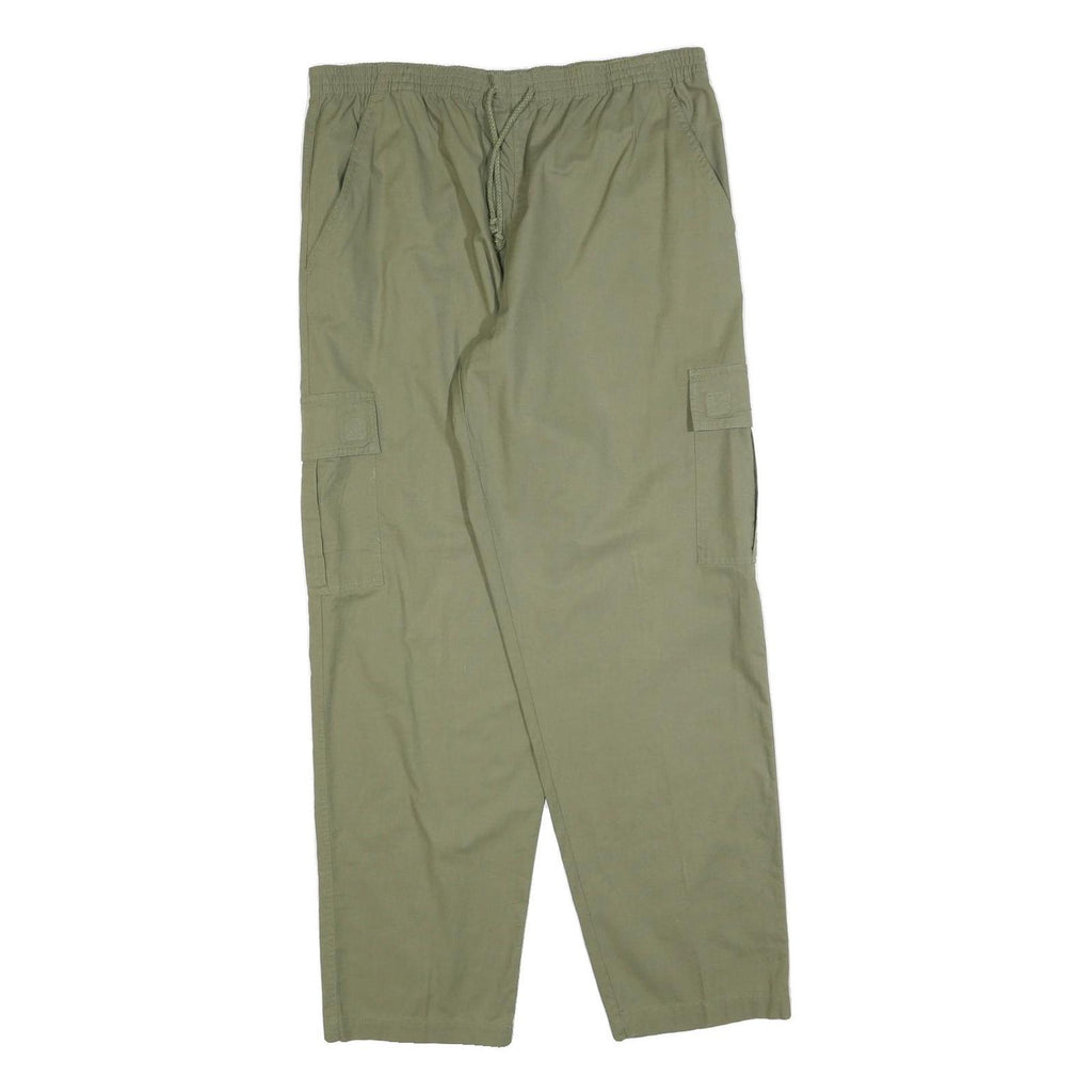 GREENVILLAGE Mens Cotton Blend Green Relaxed Cargo Trousers W34 L32 Drawstring