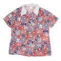 Womens Red Blue White Patchwork Pattern Shirt M Short Sleeve Button Front