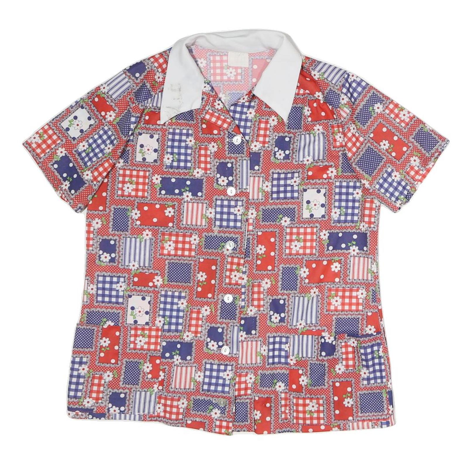 Womens Red Blue White Patchwork Pattern Shirt M Short Sleeve Button Front