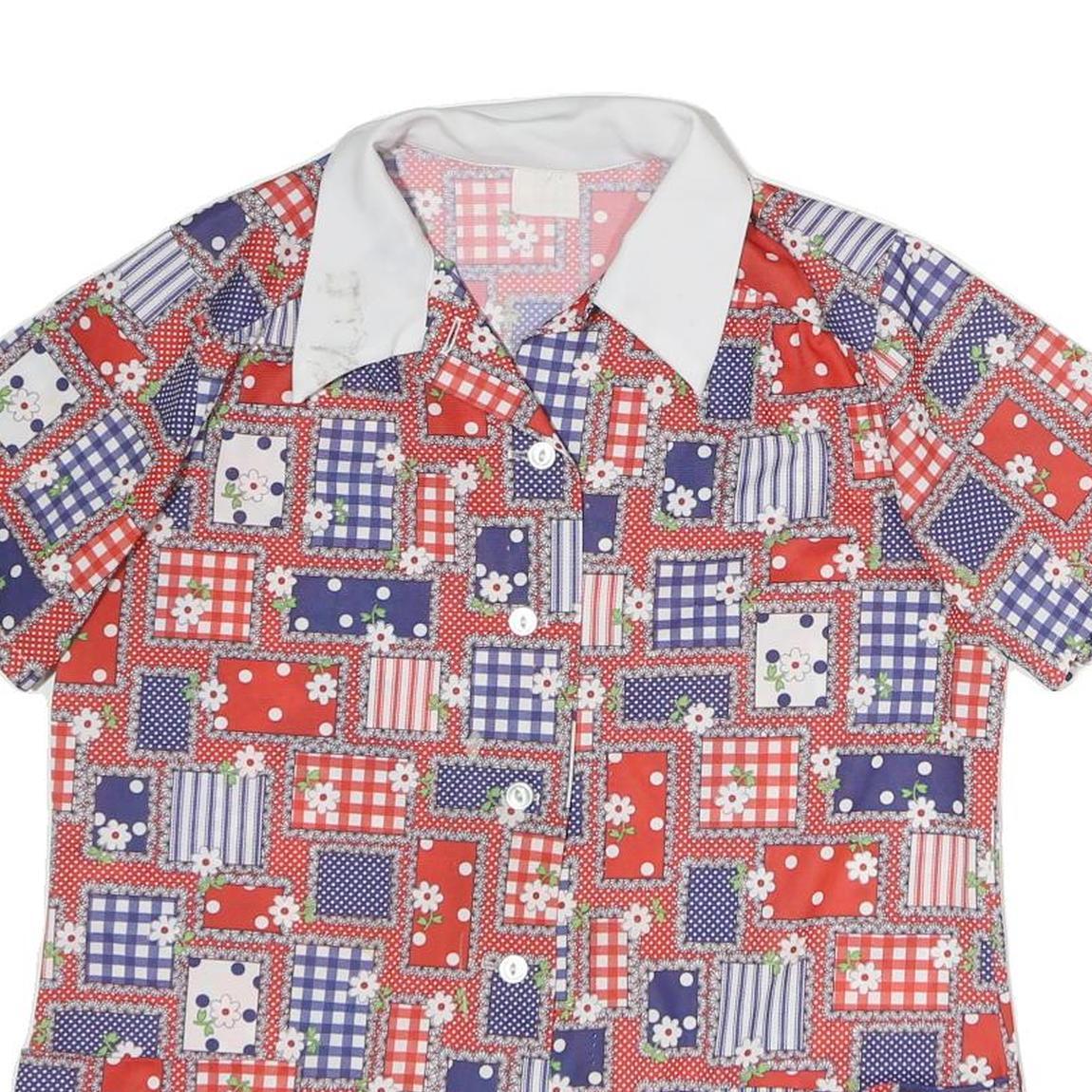 Womens Red Blue White Patchwork Pattern Shirt M Short Sleeve Button Front