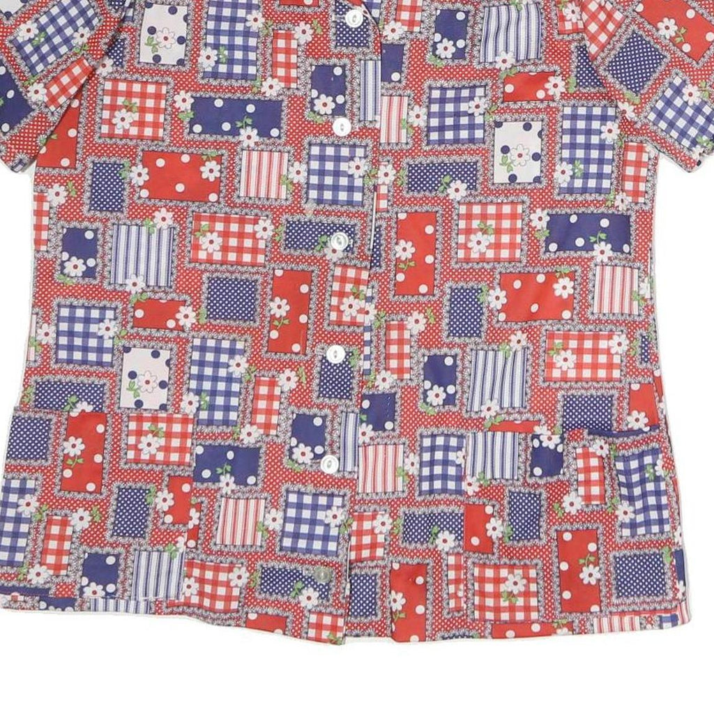 Womens Red Blue White Patchwork Pattern Shirt M Short Sleeve Button Front