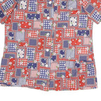 Womens Red Blue White Patchwork Pattern Shirt M Short Sleeve Button Front