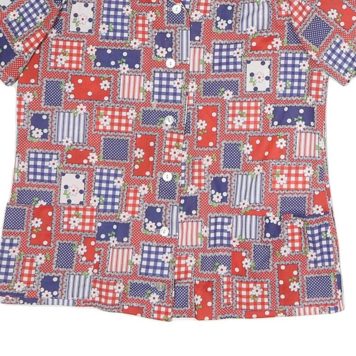 Womens Red Blue White Patchwork Pattern Shirt M Short Sleeve Button Front