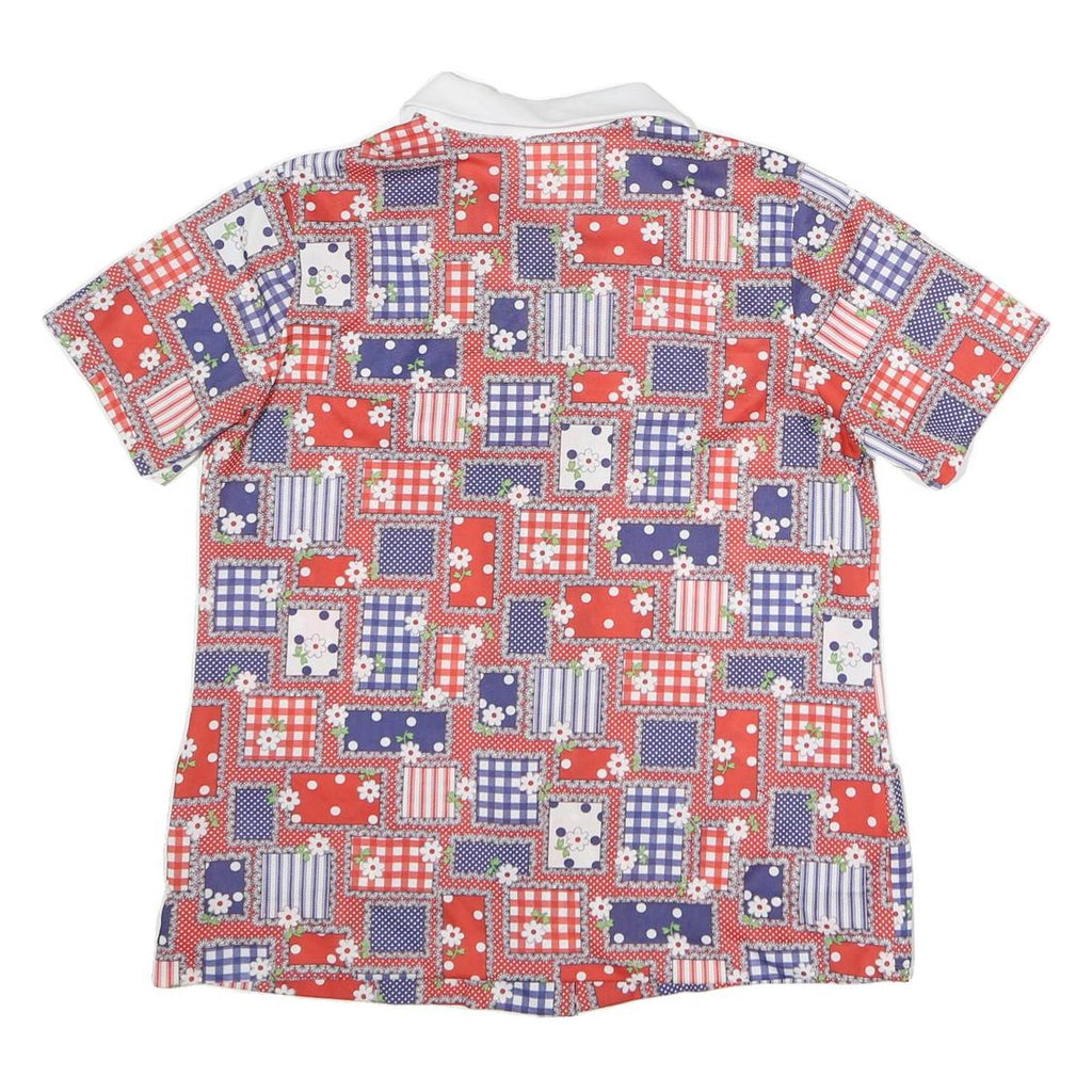 Womens Red Blue White Patchwork Pattern Shirt M Short Sleeve Button Front