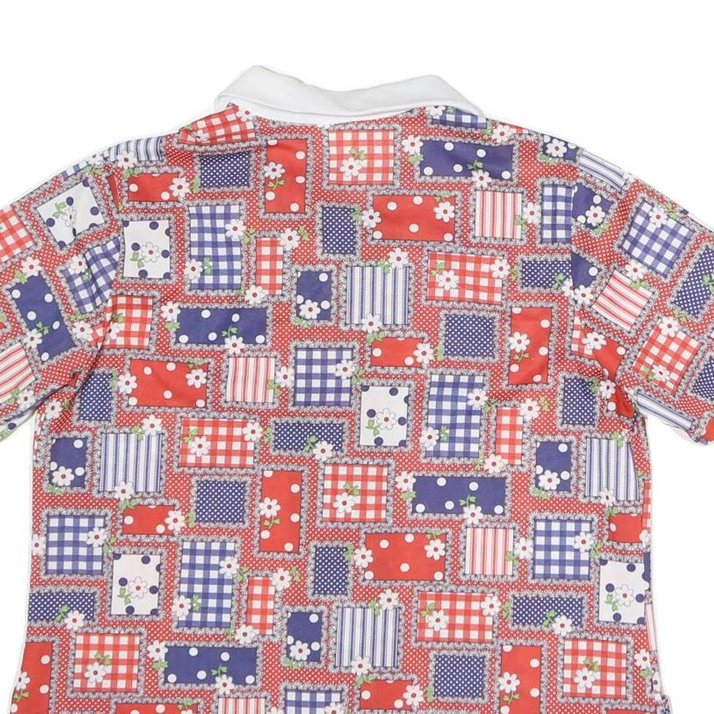 Womens Red Blue White Patchwork Pattern Shirt M Short Sleeve Button Front