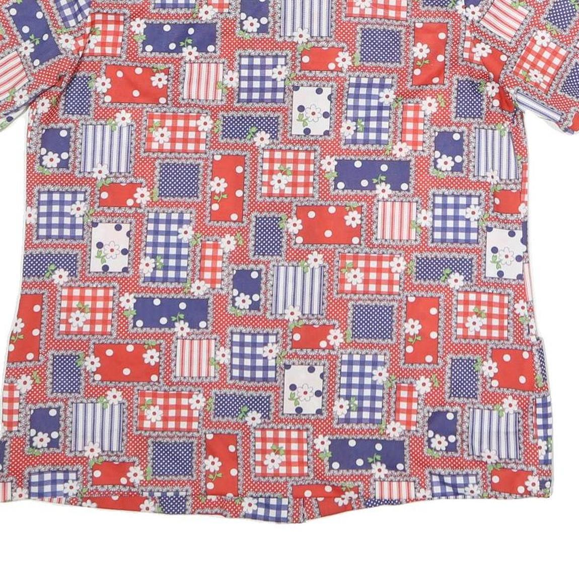 Womens Red Blue White Patchwork Pattern Shirt M Short Sleeve Button Front