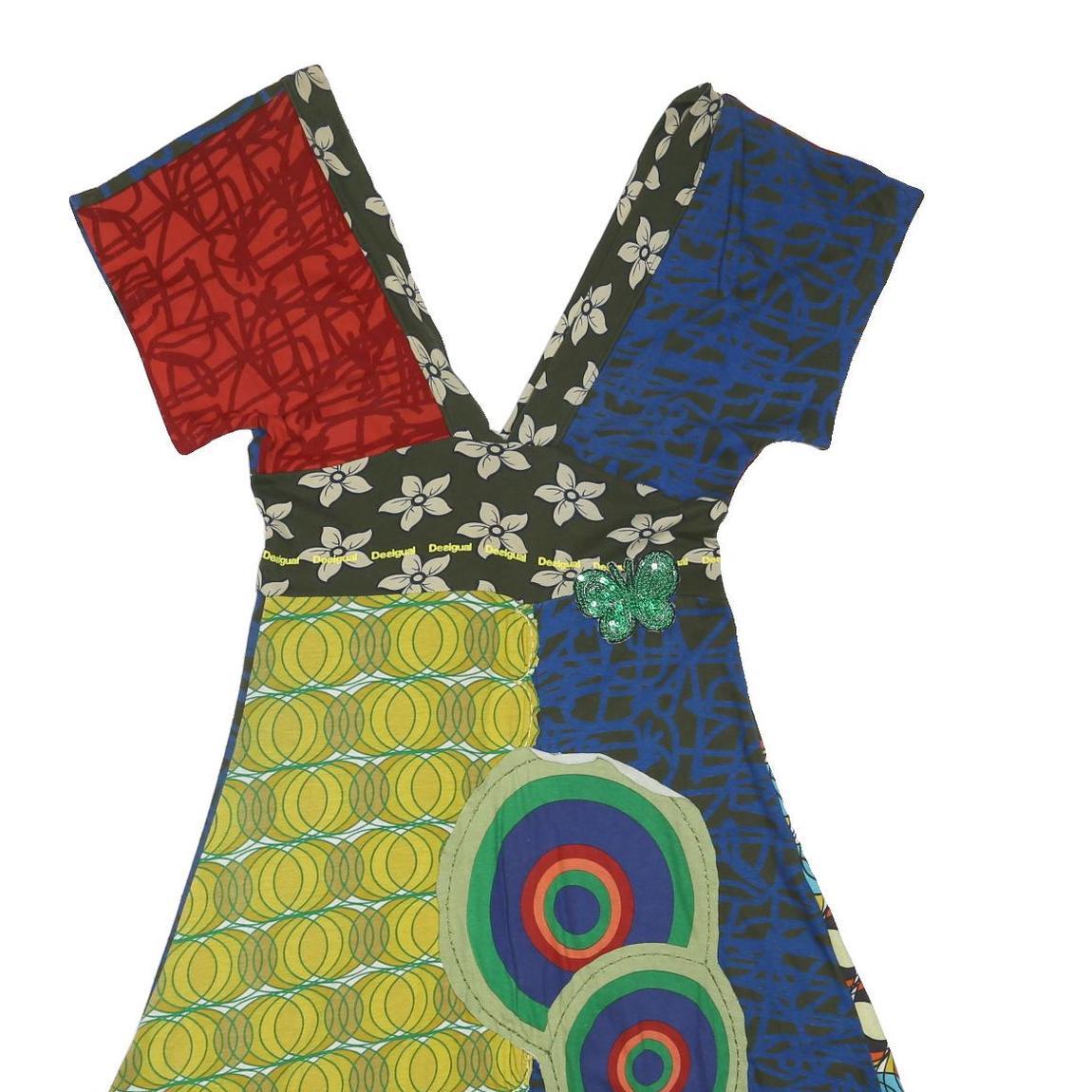 DESIGUAL Womens Red & Blue Patchwork Cotton Blend Day Dress Short Sleeve M