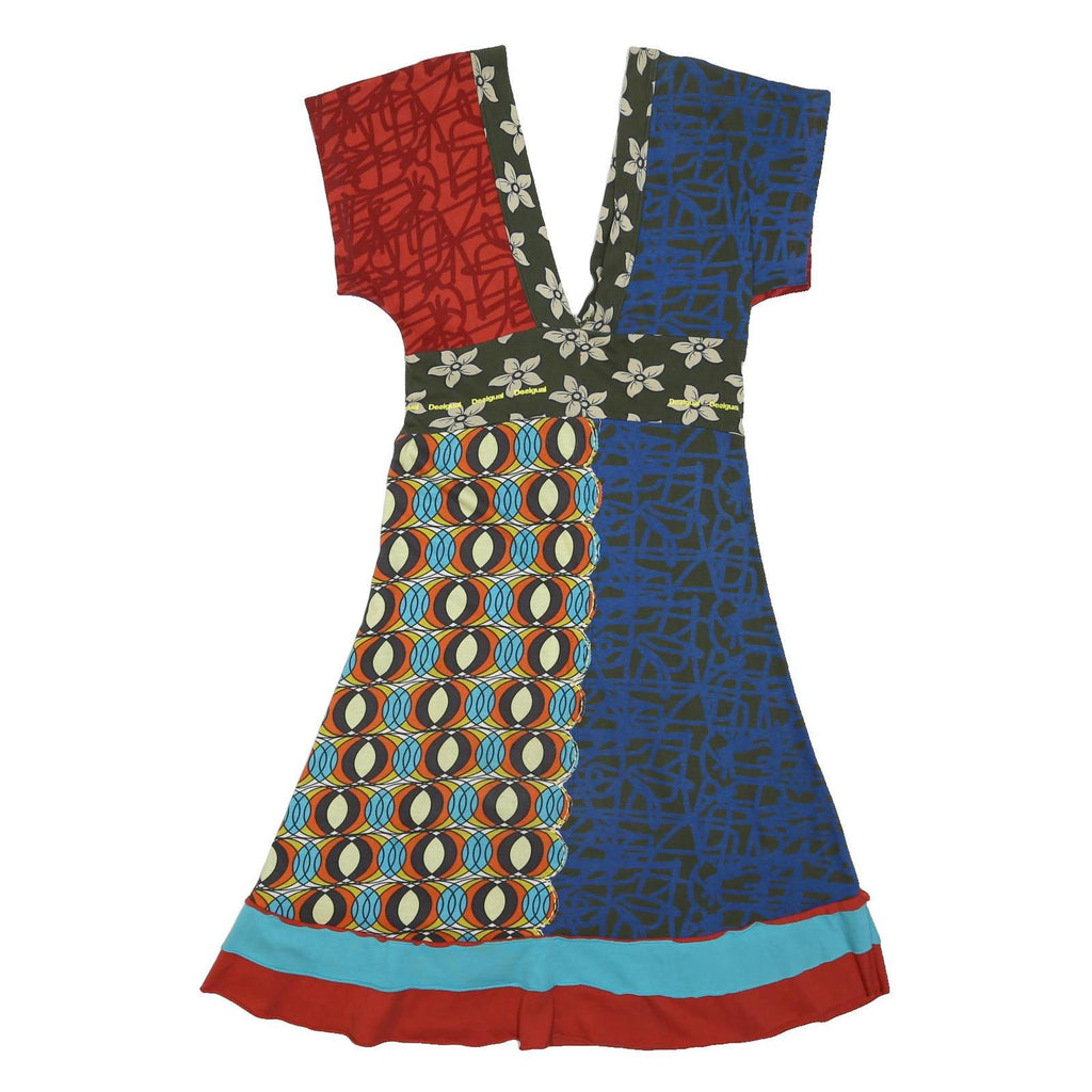 DESIGUAL Womens Red & Blue Patchwork Cotton Blend Day Dress Short Sleeve M
