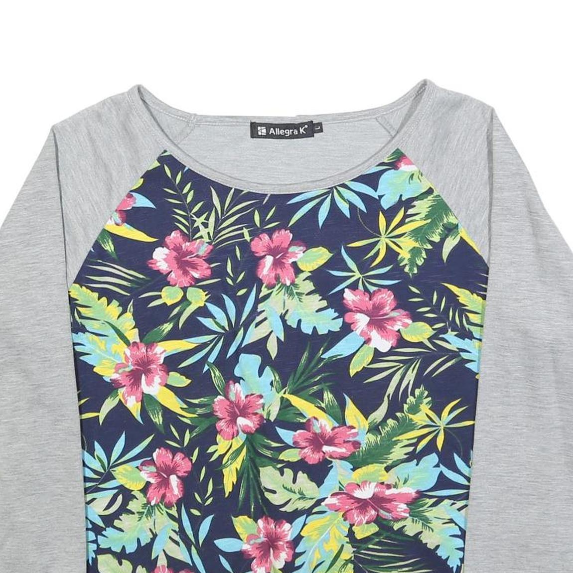 ALLEGRA K Womens Grey & Multicolour Floral Crew Neck L Casual Cotton Blend
