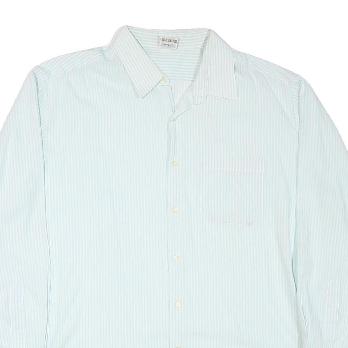 Mens White & Light Blue Striped Shirt L Cotton Blend Classic Button Down Casual