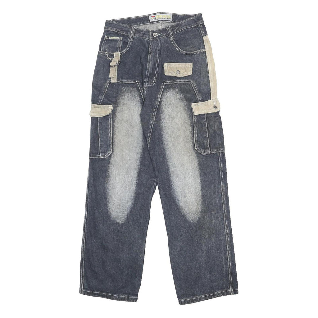 QUAN QIU YE Womens Jeans Blue Beige Relaxed Straight Denim Rinse W31 L31 Cargo