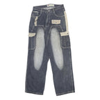 QUAN QIU YE Womens Jeans Blue Beige Relaxed Straight Denim Rinse W31 L31 Cargo