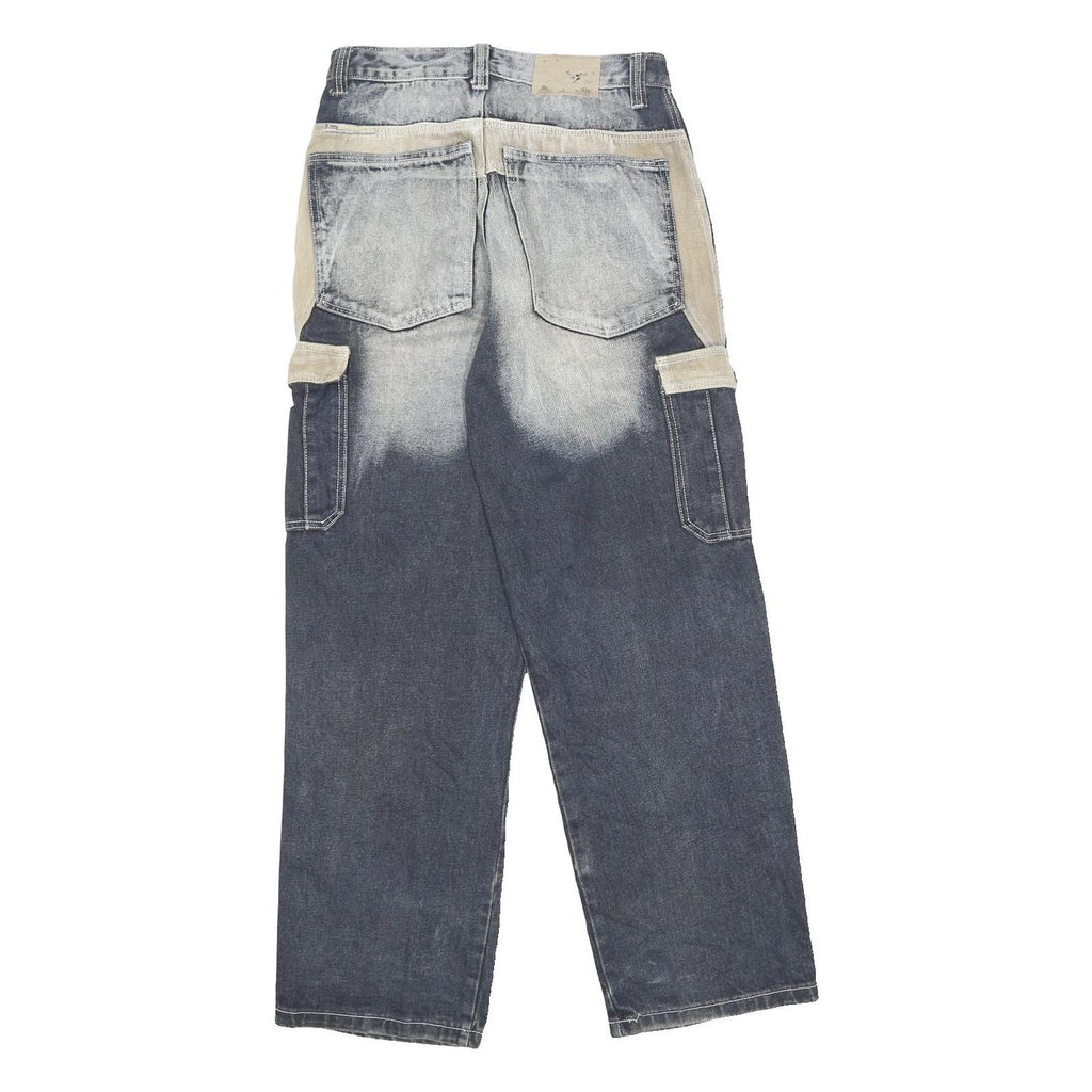 QUAN QIU YE Womens Jeans Blue Beige Relaxed Straight Denim Rinse W31 L31 Cargo