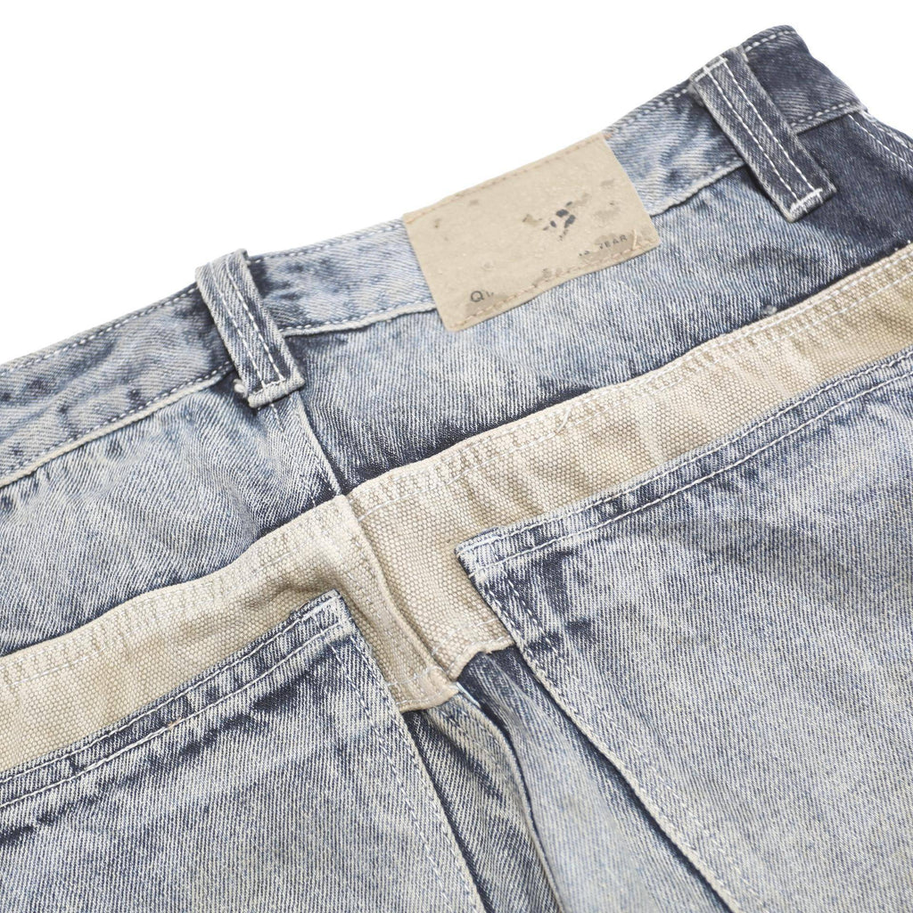 QUAN QIU YE Womens Jeans Blue Beige Relaxed Straight Denim Rinse W31 L31 Cargo
