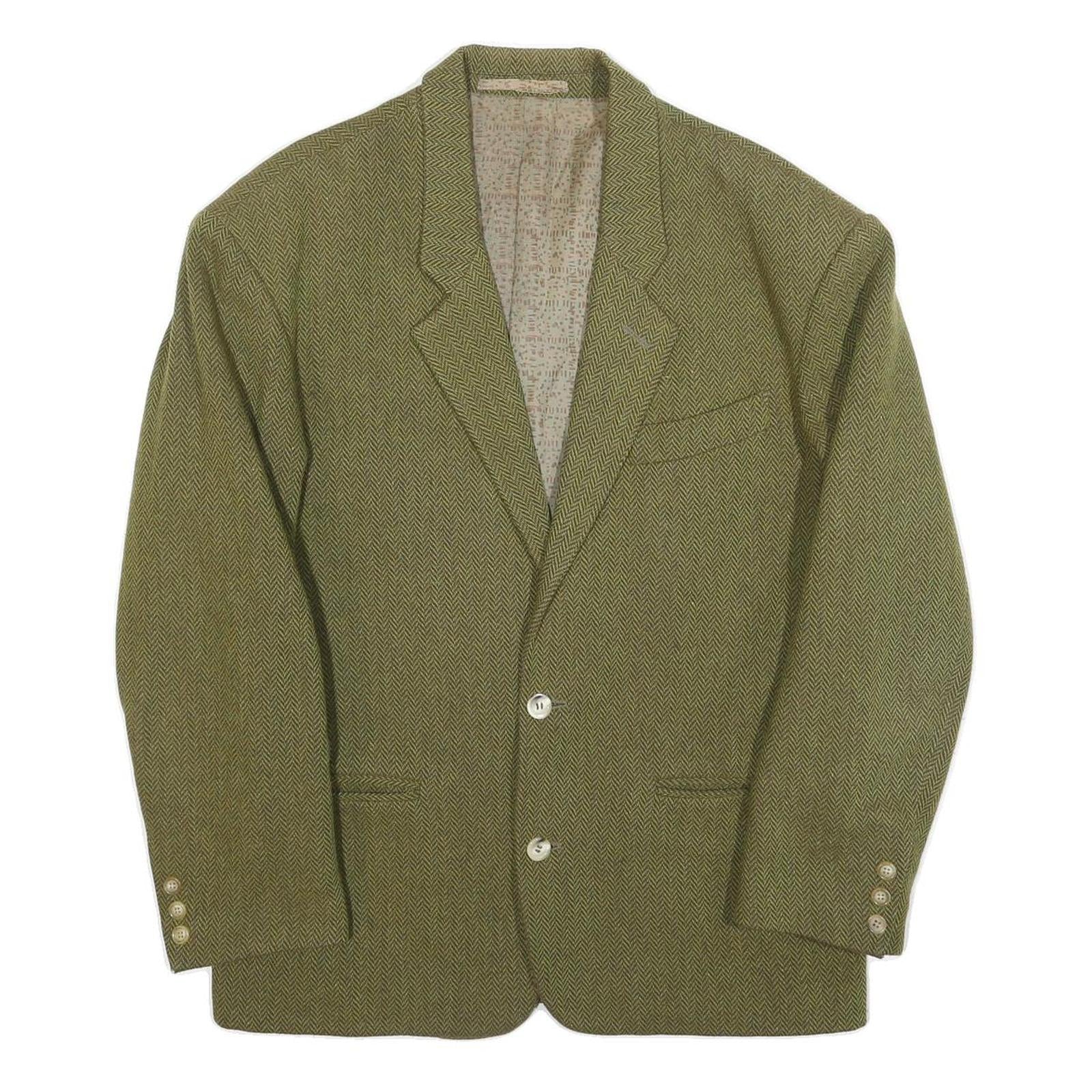 ESPRIT Mens Green Herringbone Blazer Classic Fit M Wool Blend Woven Button