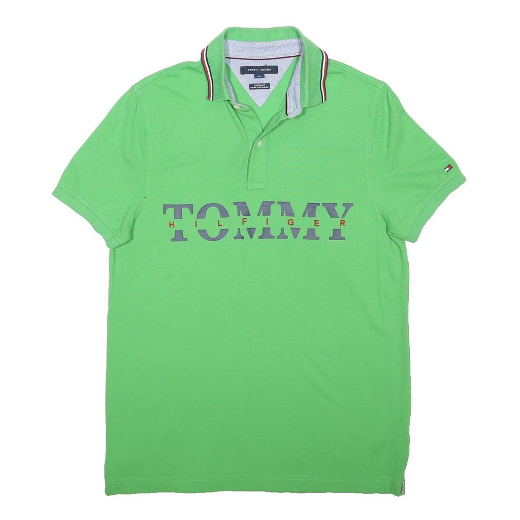 TOMMY HILFIGER Mens Green Short Sleeve Polo Shirt S Cotton Blend Logo Print