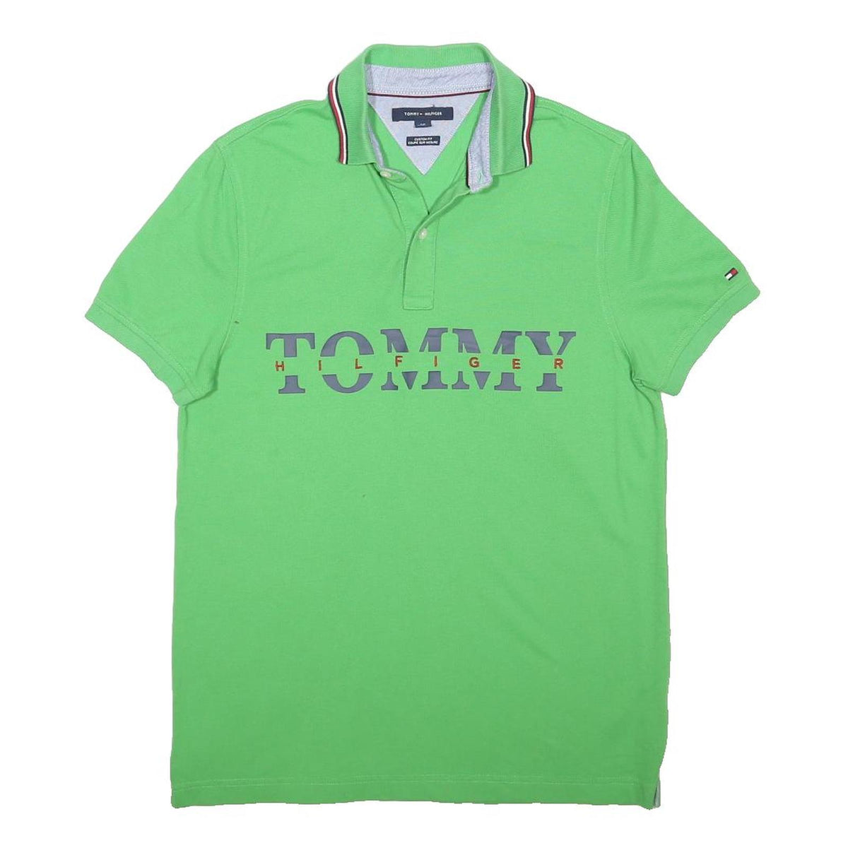 TOMMY HILFIGER Mens Green Short Sleeve Polo Shirt S Cotton Blend Logo Print