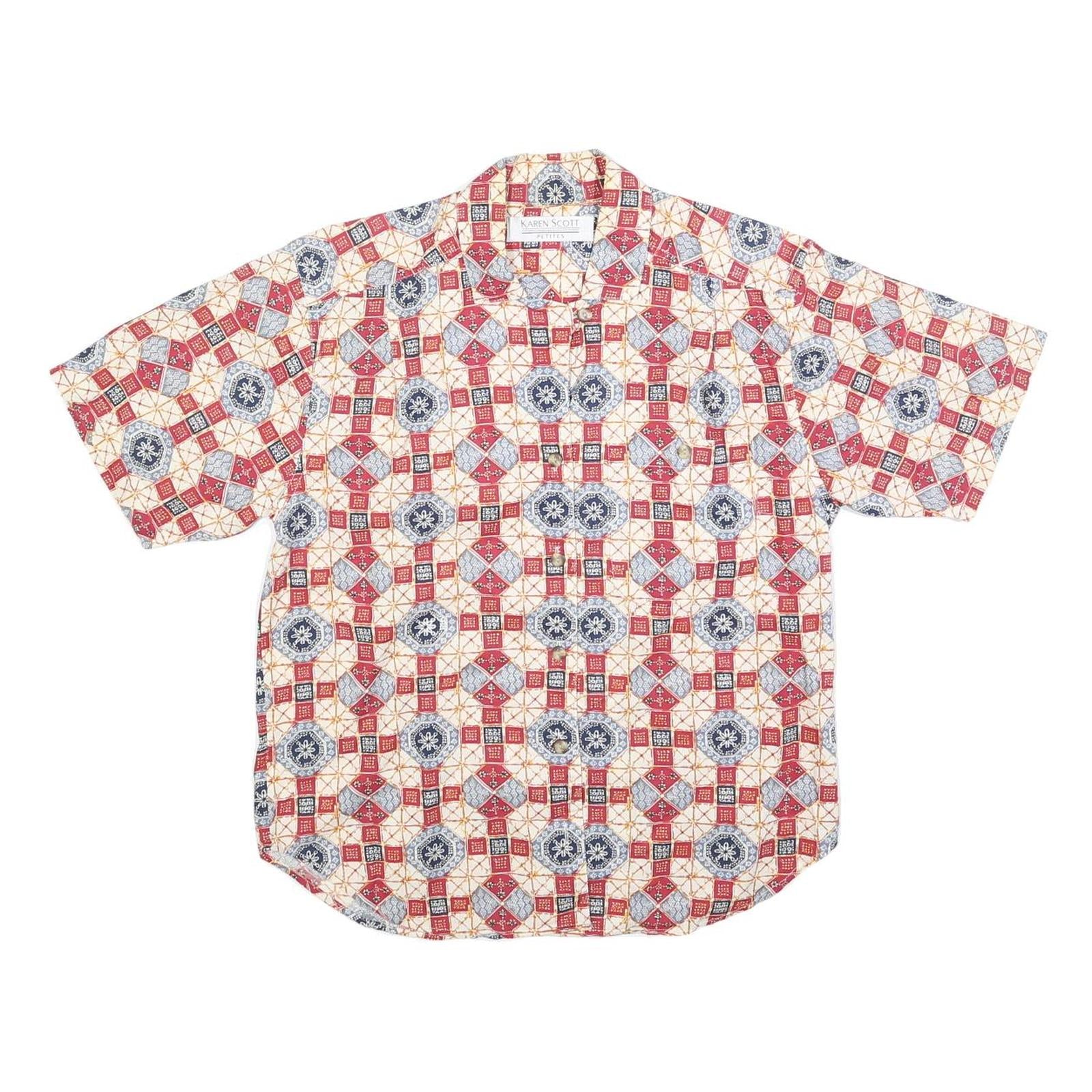 KAREN SCOTT Womens Red Blue & Cream Printed Shirt Short Sleeve Collared M