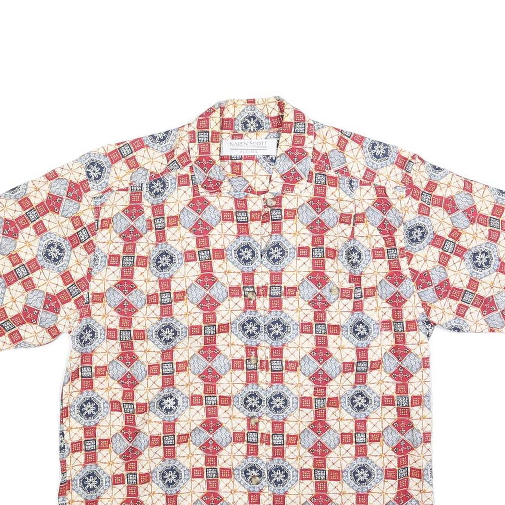 KAREN SCOTT Womens Red Blue & Cream Printed Shirt Short Sleeve Collared M