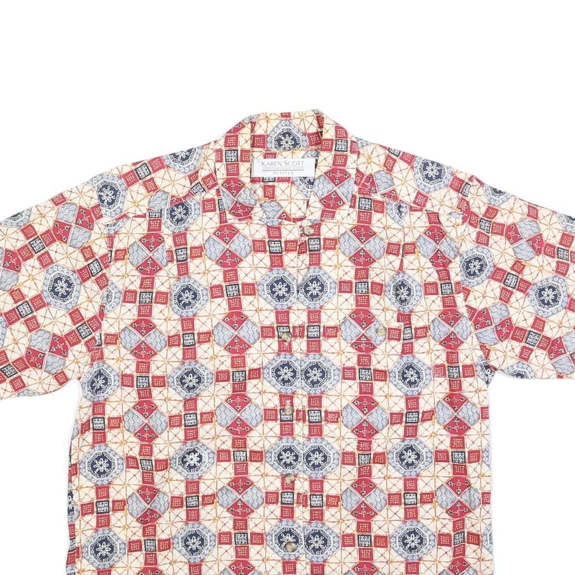 KAREN SCOTT Womens Red Blue & Cream Printed Shirt Short Sleeve Collared M