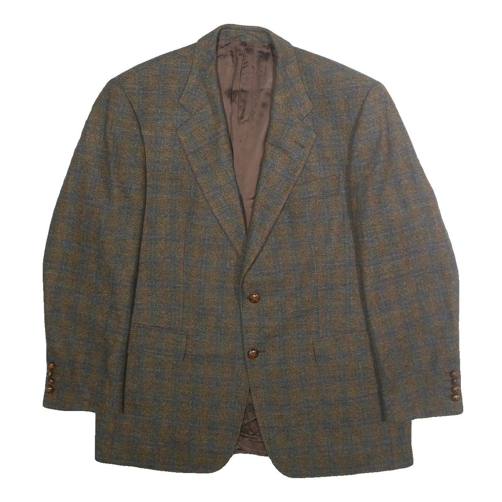 HOSTETTER MODE Mens Brown & Blue Wool Checked Classic Jacket XL Button Wool
