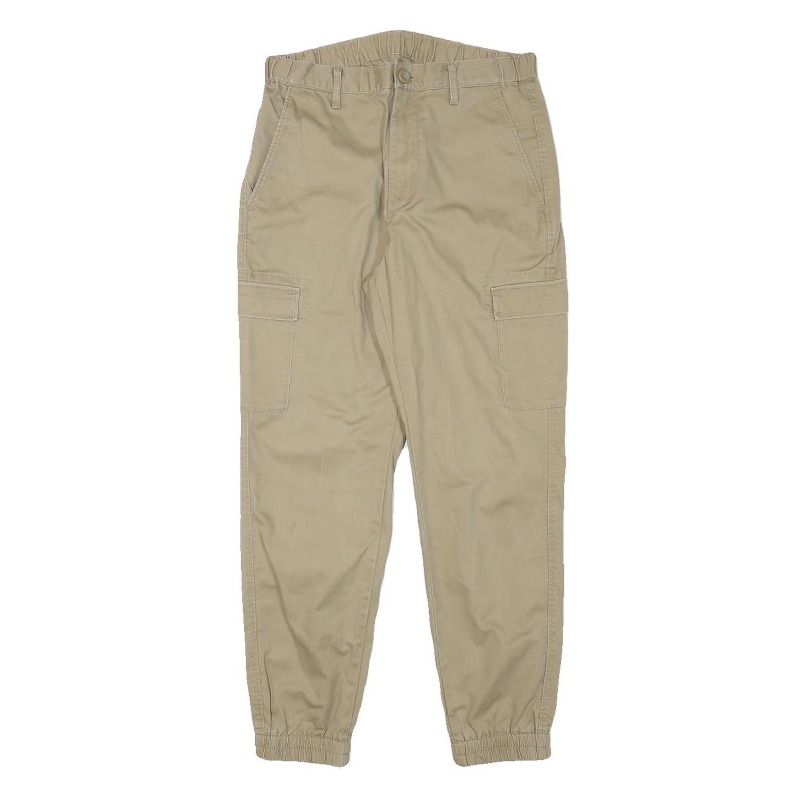 Mens Relaxed Fit Beige Cotton Blend Cargo Trousers W27 L26 Zip Pocket Detail