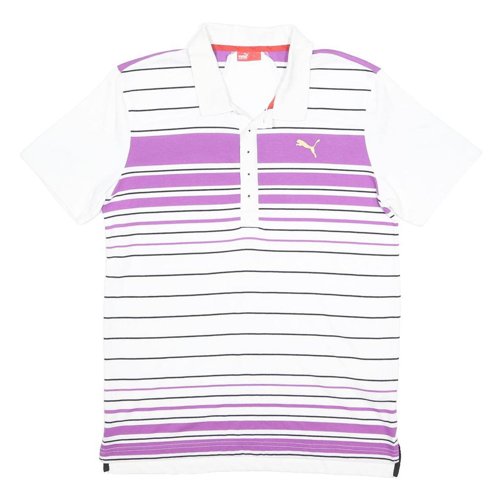 PUMA Womens White & Purple Striped Short Sleeve Polo Shirt L Cotton Blend
