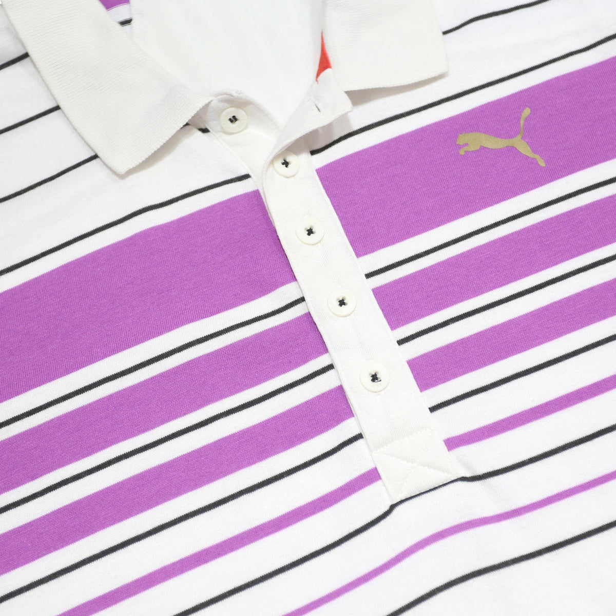 PUMA Womens White & Purple Striped Short Sleeve Polo Shirt L Cotton Blend
