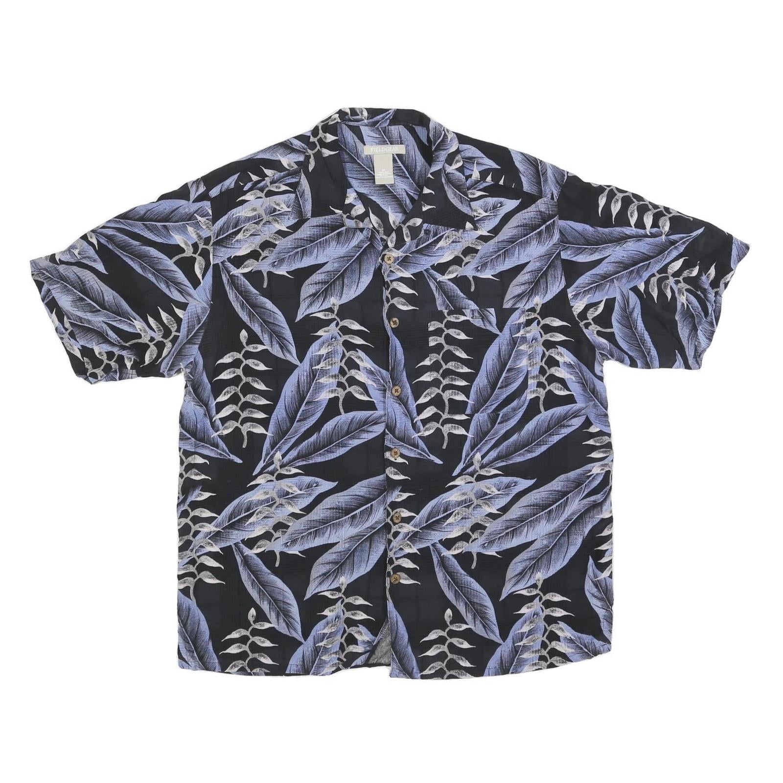 FIELDGEAR Mens Black & Blue Leaf Print Silk Shirt M Casual Summer Button-Up