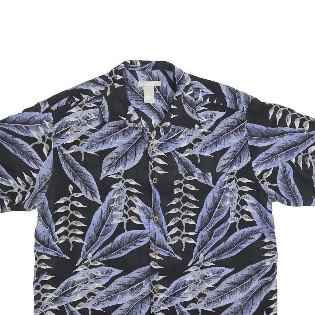 FIELDGEAR Mens Black & Blue Leaf Print Silk Shirt M Casual Summer Button-Up