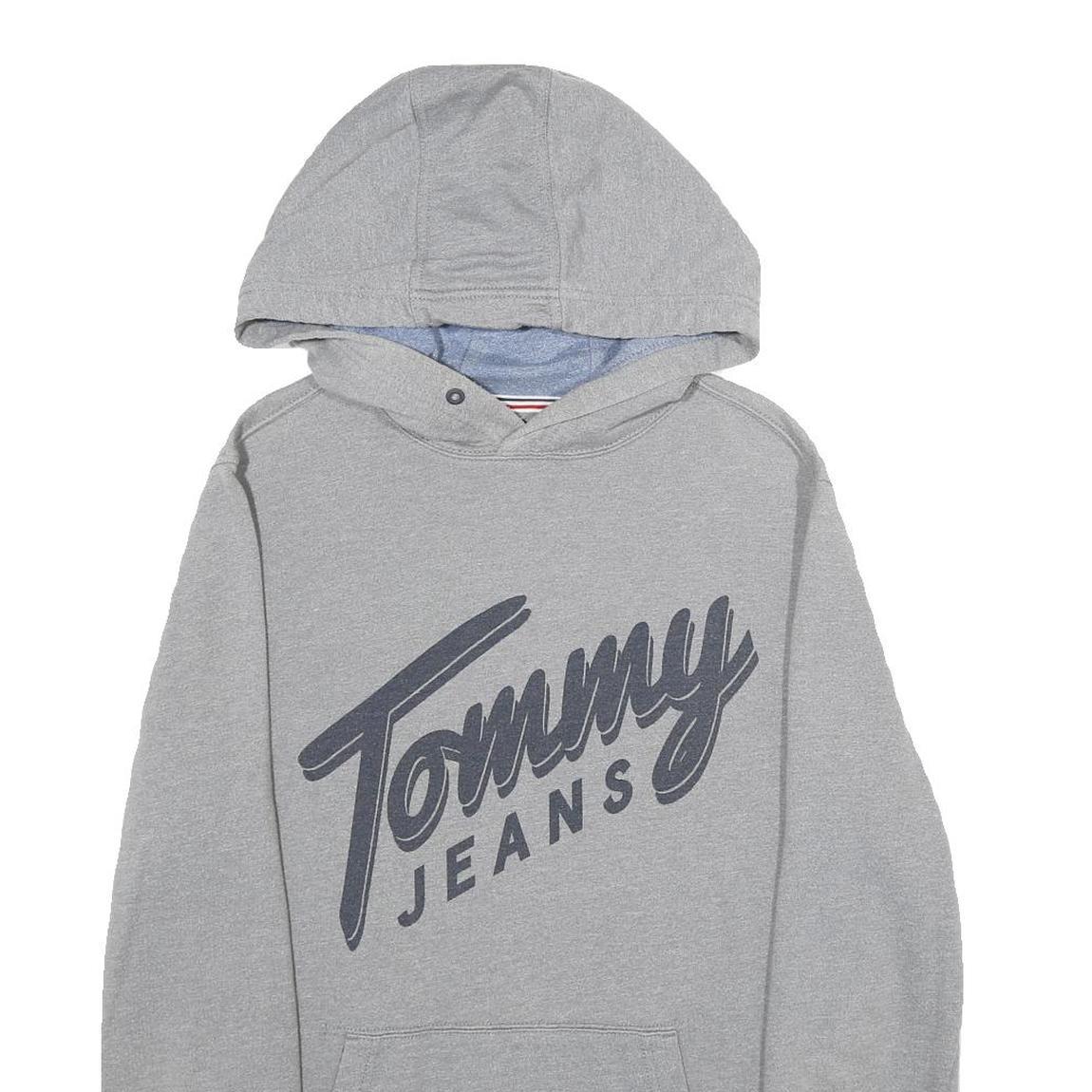 TOMMY JEANS Mens Grey Hoodie S Cotton Blend Pullover Logo Print Casual