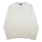 TOMMY HILFIGER Mens Beige Jumper Plain V-Neck Basic Knit XL Cotton Casual